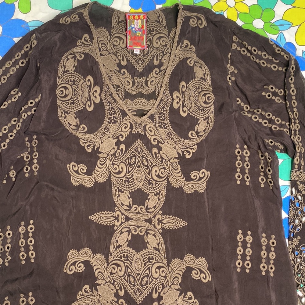 Johnny Was Chocolate Brown Embroidered Eyelet Tunic